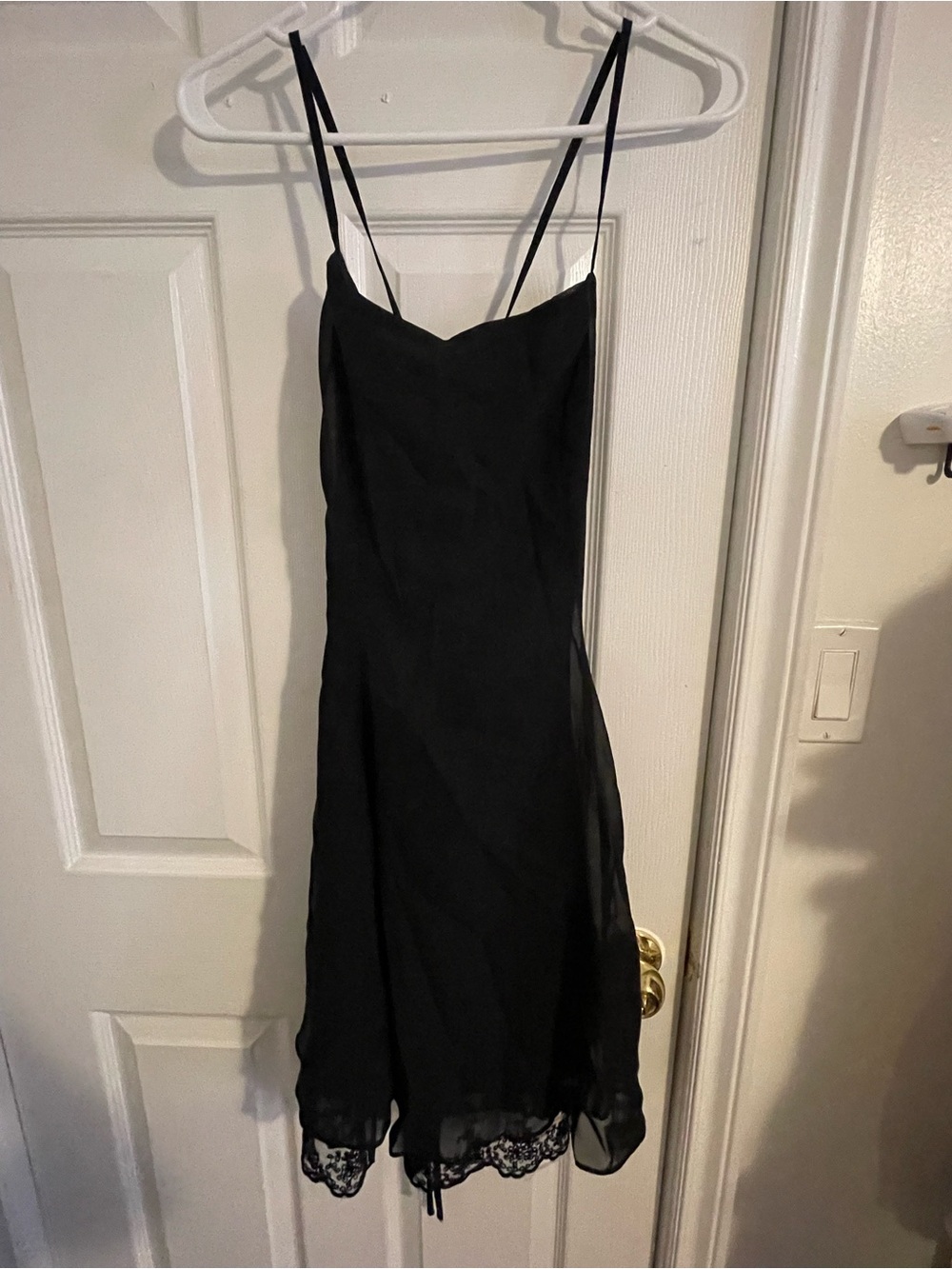 JJs House Black Spaghetti Strap Mini Dress with Lace Hem